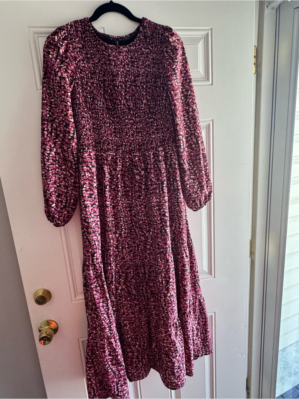 Long Sleeve Smocked Midi Dress in Berry Print